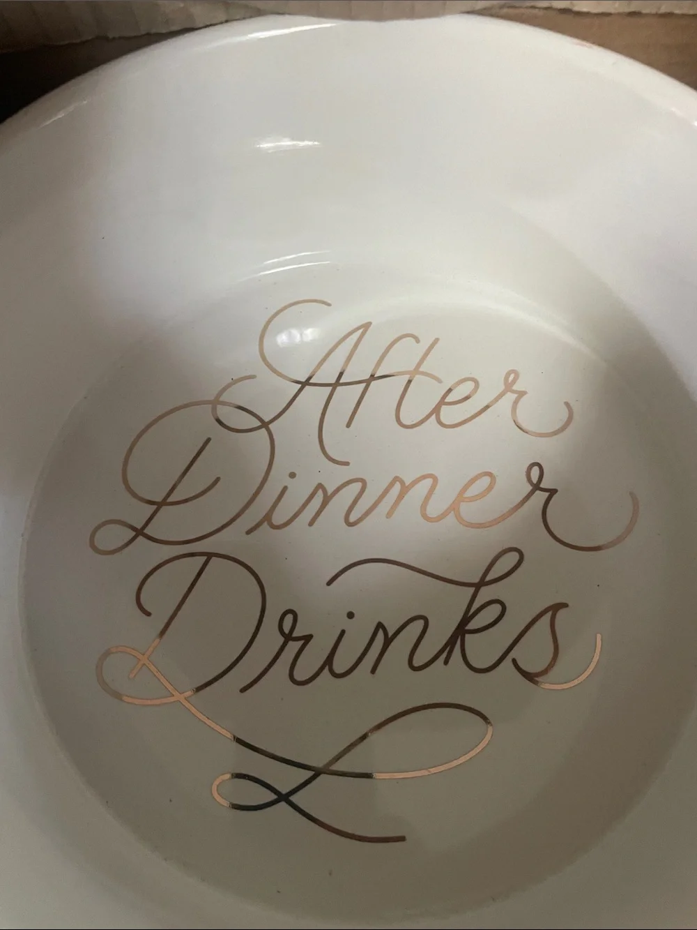 After Dinner Drinks White Ceramic Dog  Bowl with Gold Script
